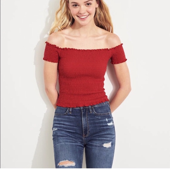 Hollister Red Smocked off the shoulder stretchy top Size Small - Picture 1 of 6